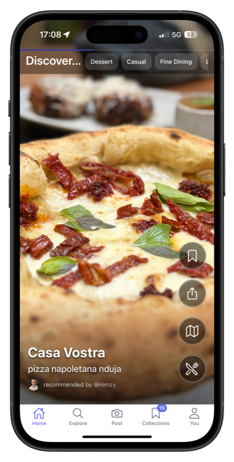 Recommends iOS app — Discover feed showing a dish recommendation